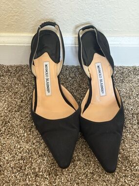 Vintage Manolo Blahnik Black Pointed Slingback Nylon Pumps